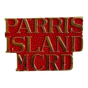 Parris Island MCRD USMC Script Lapel Hat Pin Red Gold 2 Inch Very Good